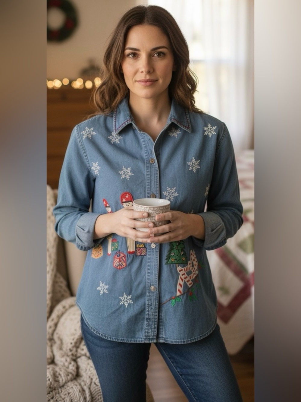 New Direction Christmas Theme Denim Shirt Size Medium